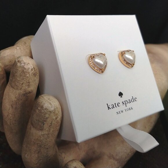 Kate Spade My Love Cream & Gold Pearl Heart Stud Post Earrings w/CZs NWT - Picture 2 of 5